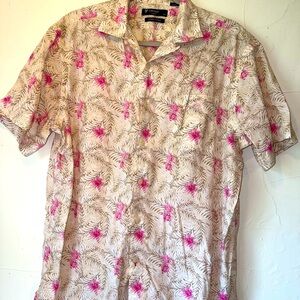 DANIEL CREMIEUX BUTTON DOWN HAWAIIAN FLORAL TAN WHITE PINK MENS SZ L